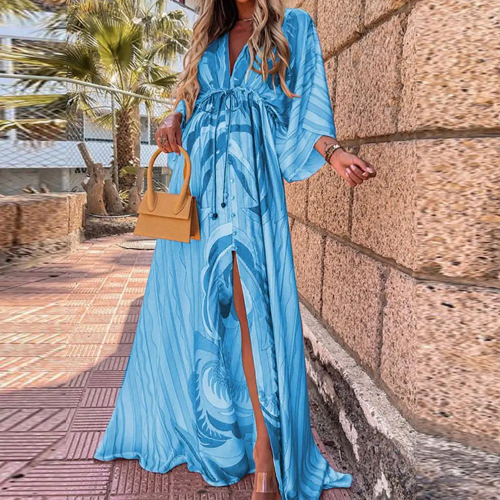 Waist Lace-up Dress Bohemian Print V-neck Lace-up Beach Dress Sexy 3/4 Batwing Sleeve Single-breasted Floor-length with High