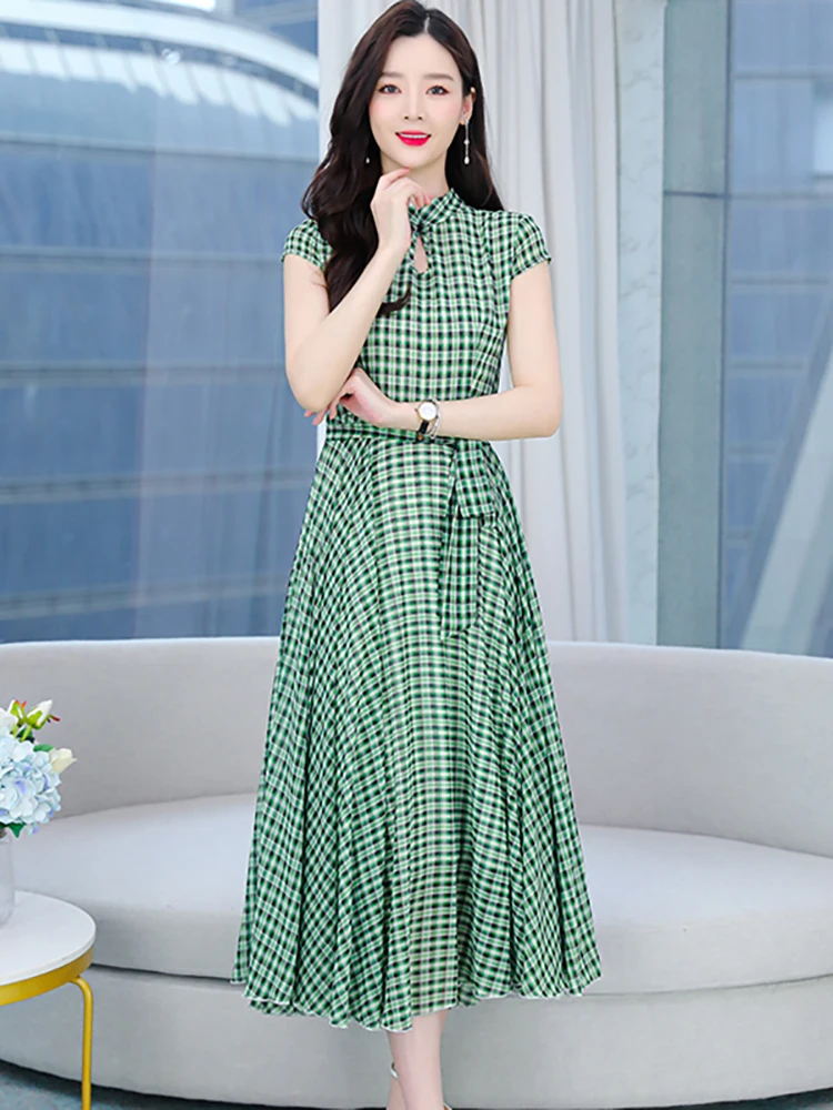 

2023 зеленое клетчатое шифоновое платье средней длины с коротким рукавом, женское Модное Элегантное повседневное платье макси, летнее облегающее платье в Корейском стиле
