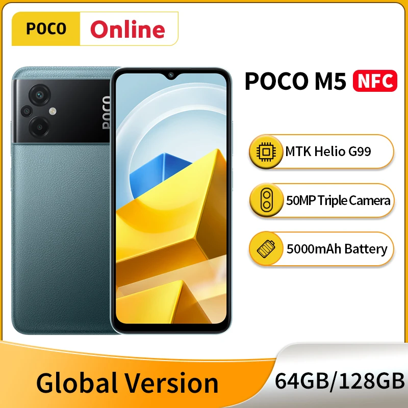 

Global Version POCO M5 Mobile Phone Helio G99 NFC 50MP Triple Cameras 90Hz DotDrop Display 5000mAh Battery 18W Fast Charging