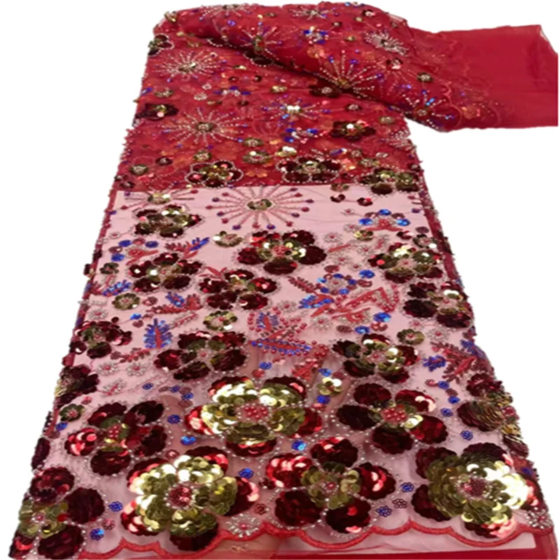 

High Quality Fashion 2022 African Tulle Embroidered Lace Fabric With Sequins Beads For Wedding Dress Party Sewing FYU598