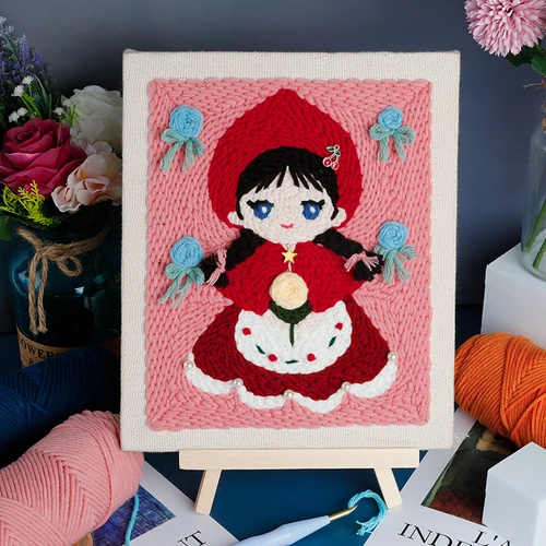 

DIY Cartoon Embroidery Kit Kids Beginner Little Red Riding Hood Embroidery Crafts Knit Embroidery Kit Punch Needle Starter Kit