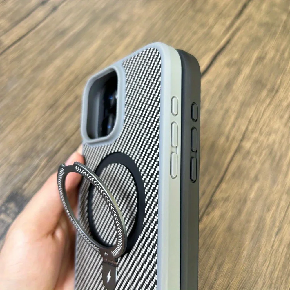Luxury Magnetic Carbon Fiber Circular Bracket Phone Case For iPhone 16 15 14 13 12 11 Pro Max Plus Foldind Stand Holder Cover