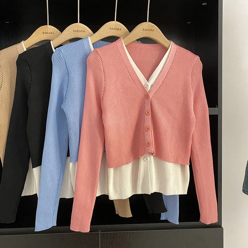 

Early Autumn Knitted Cardigan Girl V Neck Full Sleeve Connected One-piece Sweater Shirts Slim Women Tops