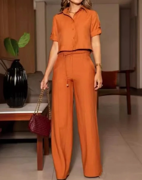 Однотонная блузка с отворотом и высокой талией облегающий брючный костюм