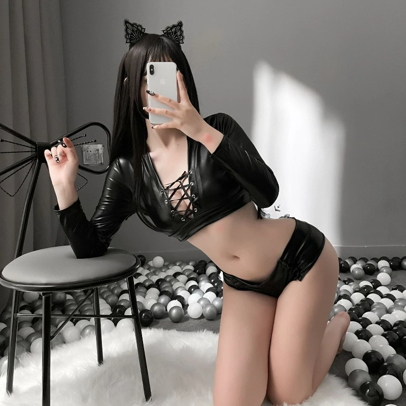 

Sexy Cosplay Costumes PU Leather Gothic Split Short Top Outfit Set For Female Uniform Sexie And Naughty Lingeries For Women's