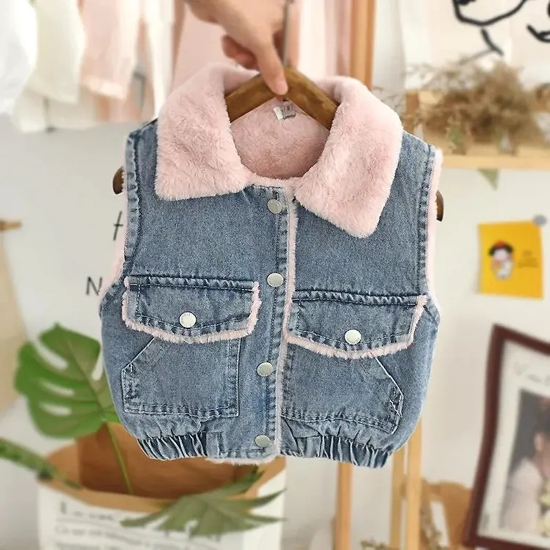 

Осенне-зимний детский джинсовый флисовый жилет для детей, пальто для детей, теплые жилеты для маленьких девочек детские жилеты без рукавов ...