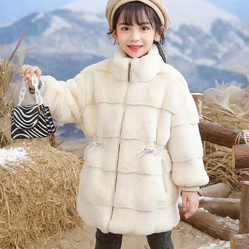 

Kids Imitation Rex Rabbit Fur Coats Girls Loose Stand Collar Outwear Zipper Faux Fur Jacket Children Long Warm Plush Overcoat