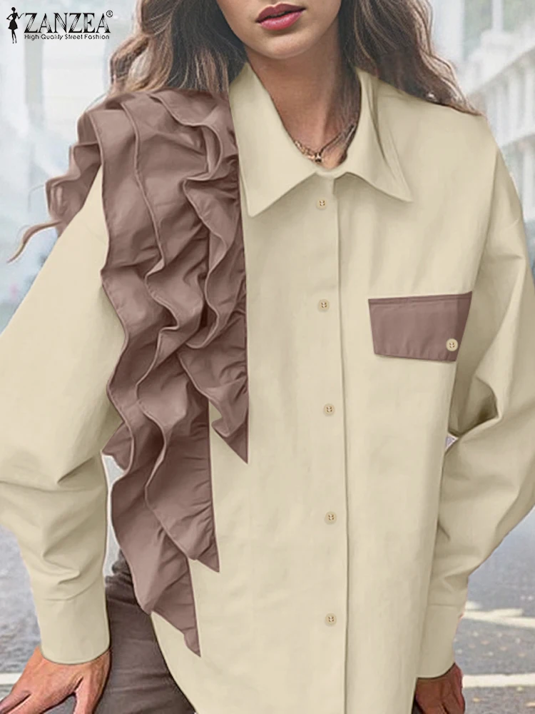 ZANZEA винтажные простые топы с оборками и строчкой повседневные длинными рукавами