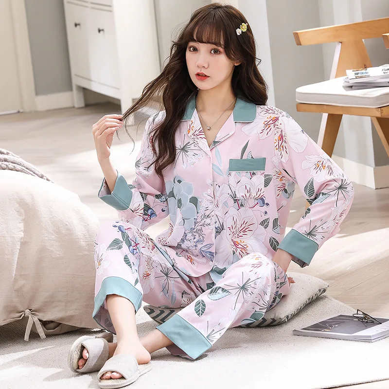 Весенняя женская Хлопковая пижама одежда для сна пижамный комплект с длинным