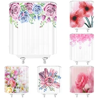 pink rose flowers shower curtain spring watercolor floral plants green leaves cloth bath curtains home bathroom decor waterproof