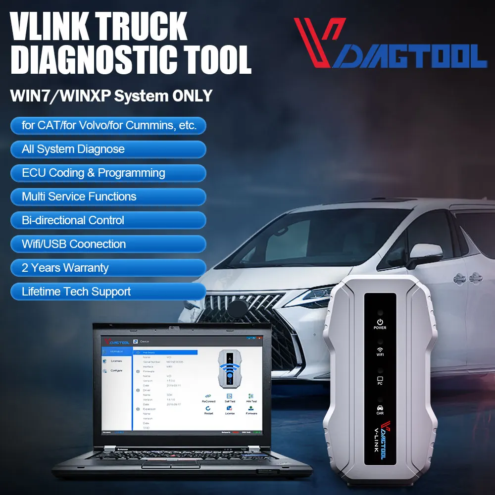 Фото Диагностический инструмент Vdiagtool VLINK для дизельных грузовиков, совместимый с CAT и Cummins, сканер для тяжелых грузовиков, инструмент для кодирования блоков управления Volvo. №2