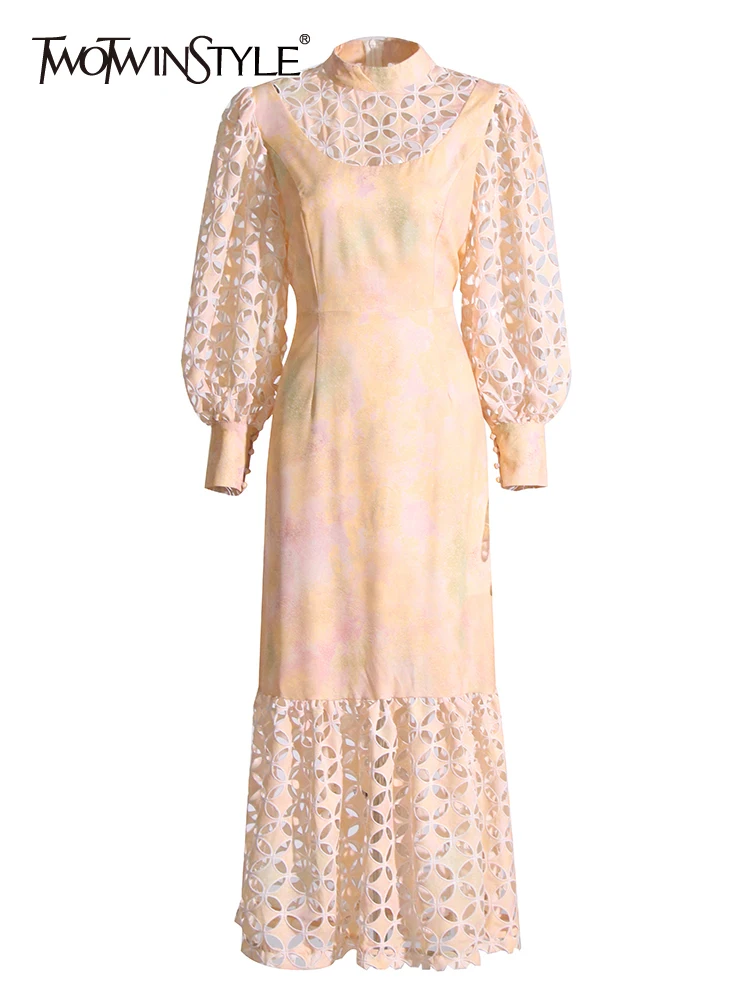 

TWOTWINSTYLE Temperament Dresses For Women Round Neck Lantern Sleeve High Waist Folds Summer Dress Female Fashion Clothing 2023