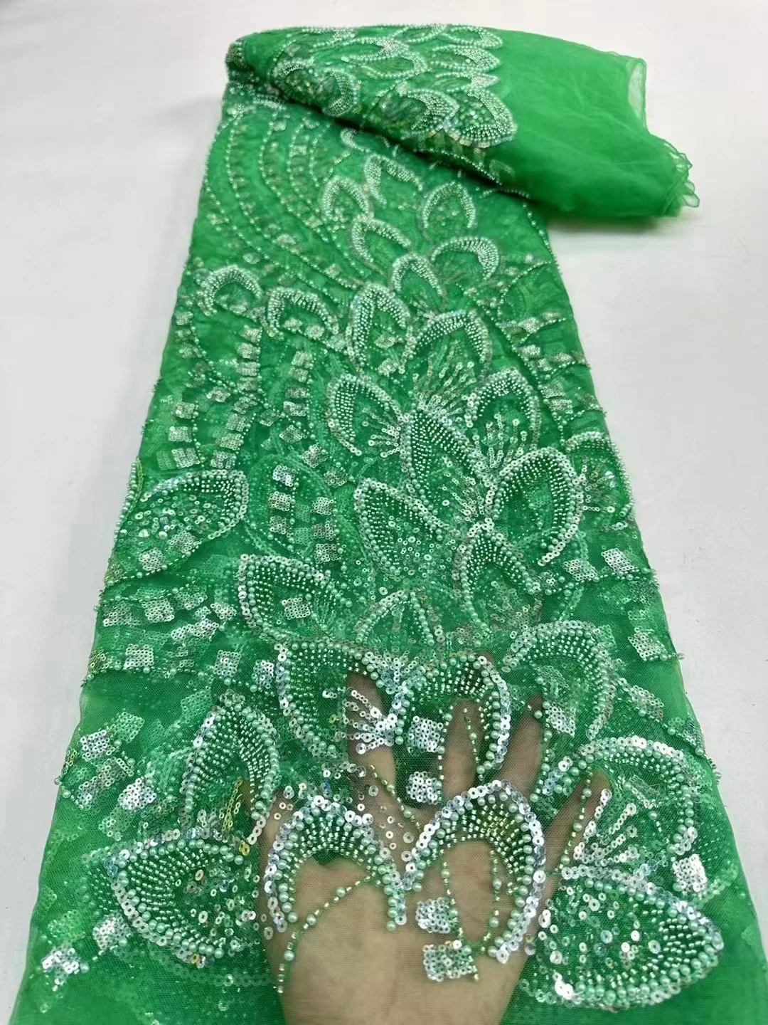 

African Beaded Groom Lace Fabric 2023 High Quality Lace Material Nigerian French Sequins Lace Fabric For Wedding Dress PL401-7