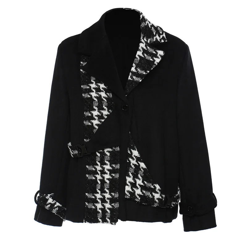 

SuperAen Autumn and Winter Woolen Cloth Splicing Black and White Jacquard Splicing Color Contrast Woolen Short Coat