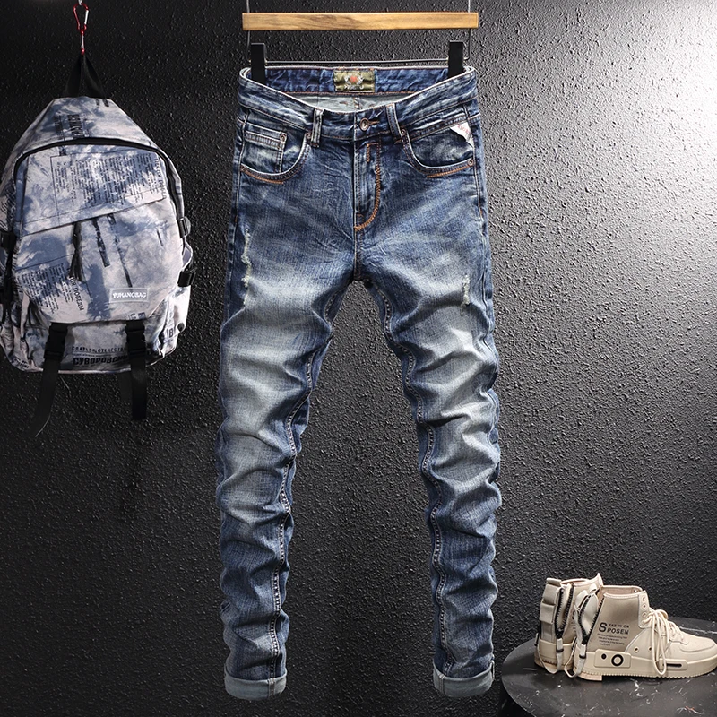 

Italian Style Fashion Men Jeans Retro Blue Elastic Slim Fit Ripped Jeans Men Frayed Hole Vintage Designer Casual Denim Pants