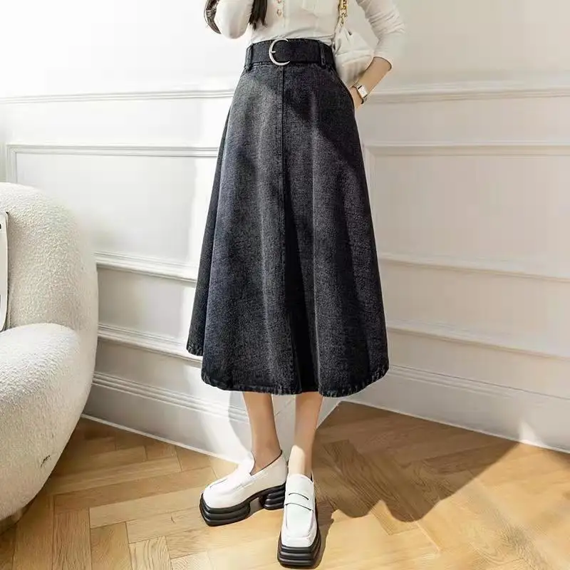 Длинная джинсовая юбка DFRCAEG Новинка лета 2023 трапециевидная черная или синяя