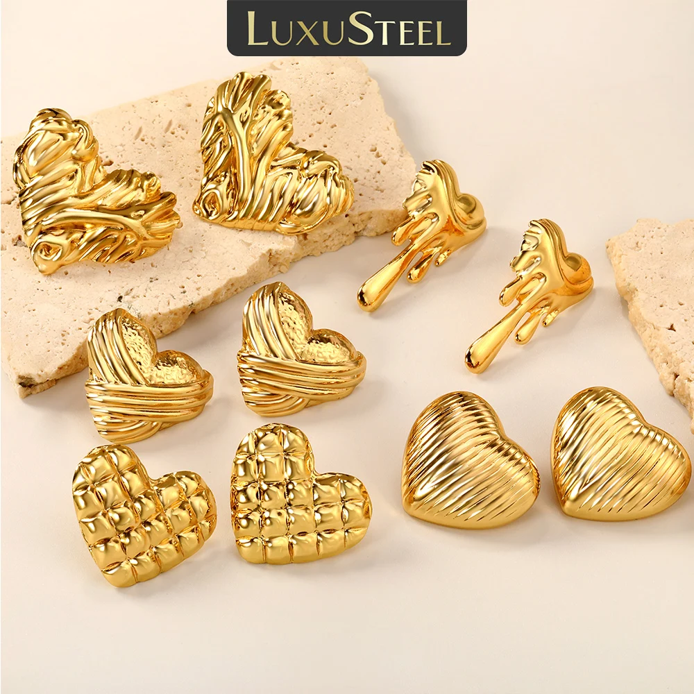 LUXUSTEEL Romantic love Heart-shaped Golden Women Stud Earrings Stainless Steel Female Earring Valentine's Day jewelry gifts