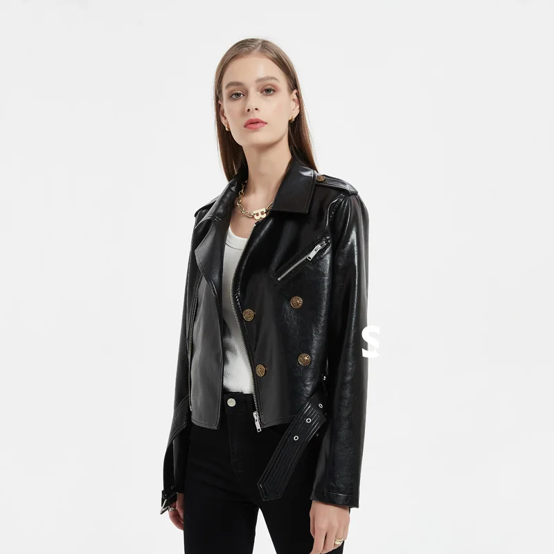 fashion chic faux leather Vintage jacket for women metal buttons belted lapel slim cropped glossy pu leather coat outerwear