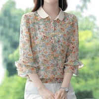 korean button polo neck three quarter sleeve chiffon floral blouses summer womens clothing elegant fashion ladies printed shirt