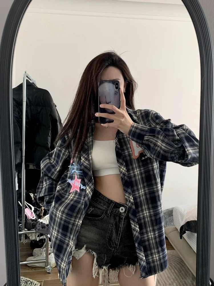 Женская винтажная клетчатая рубашка с длинным рукавом и вышивкой Y2k