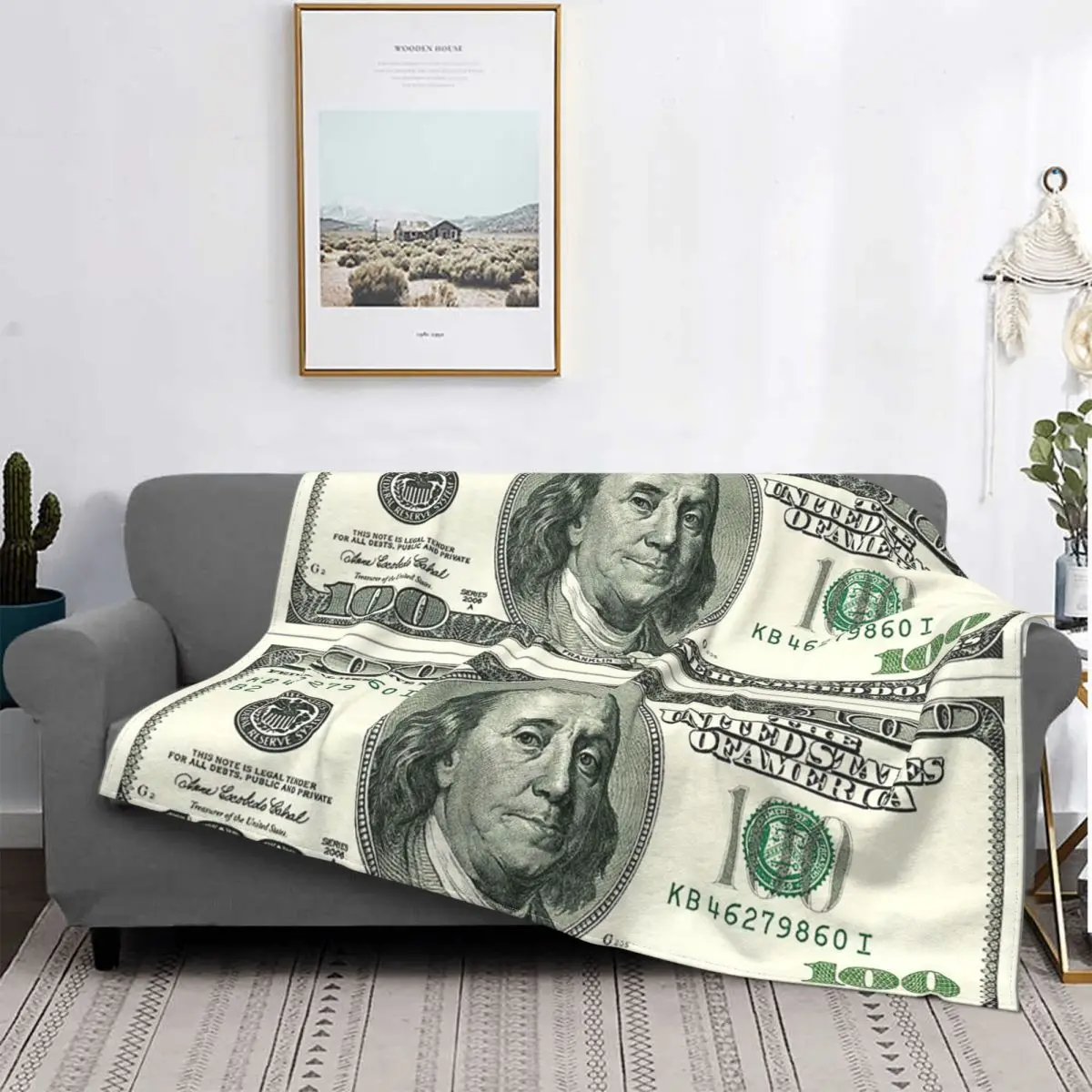 

Benjamin Franklin 100 Dollar Bill Knitted Blankets Fleece Money Pattern USA Warm Throw Blankets for Car Sofa Couch Bedspread