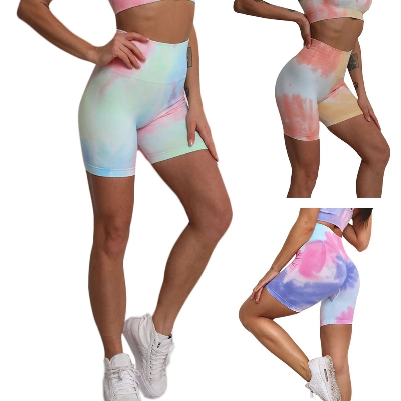 

Женские велосипедные шорты с высокой талией, цветные градиентные тренировочные шорты для йоги, бесшовные Компрессионные Леггинсы с рюшами и эффектом подтяжки ягодиц