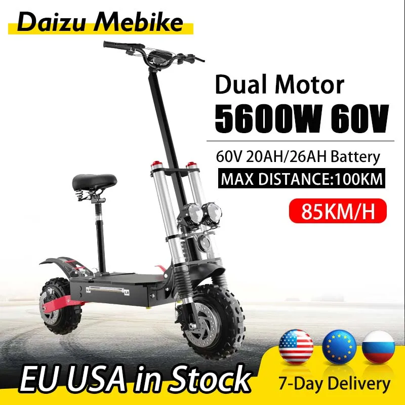 

60V 5600W Electric Scooter Foldable 11inch Off Road Fat Tire Adult 80KM/H Fast Speed E Scooter Powerful Dual Motors with Seat