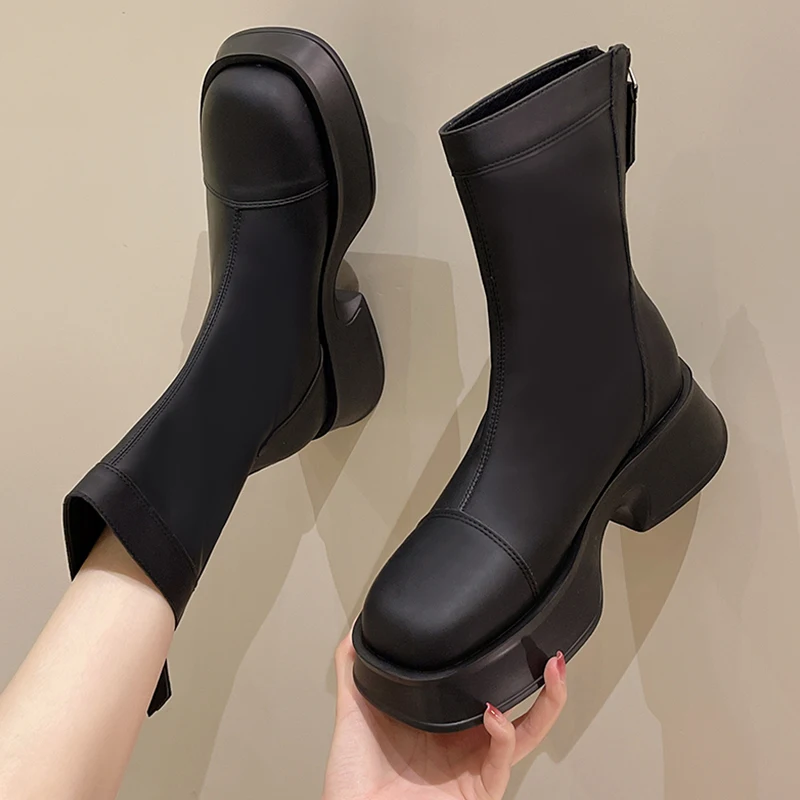 

Brand Women's Shoes Zipper Boots Flat Platform Round Toe Chelsea Fashion Clogs Ladies Med Ankle Lolita Rock Autumn Solid PU PVC