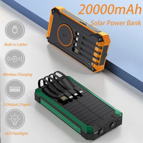 Solar Power Bank со встроенным кабелем Беспроводное зарядное устройство Qi 20000 мАч Powerbank для iPhone 15 14 Xiaomi Samsung Powerbank с Campi