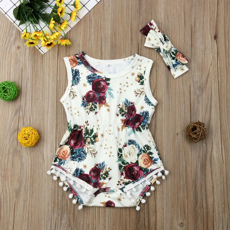 

2Pcs Newborn Toddler Baby Girls Floral Bodysuit Outfits Headband Outfits Fashion Sleeveless Summer Clothing