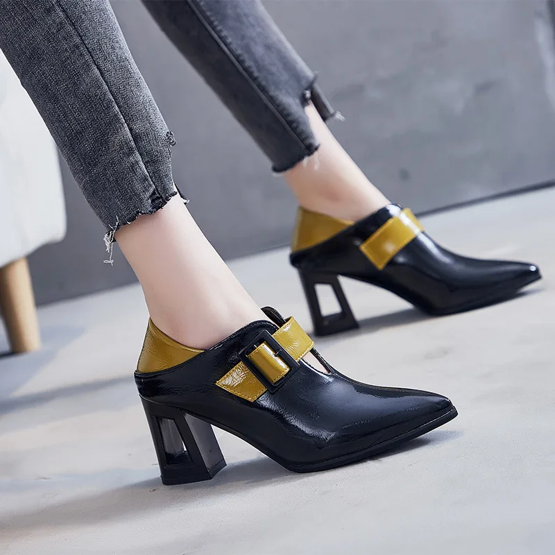

Классические Кожаные Туфли на среднем каблуке, женские туфли на массивном высоком каблуке, женская обувь с пряжкой, острым носком и квадратным каблуком, черная обувь большого размера
