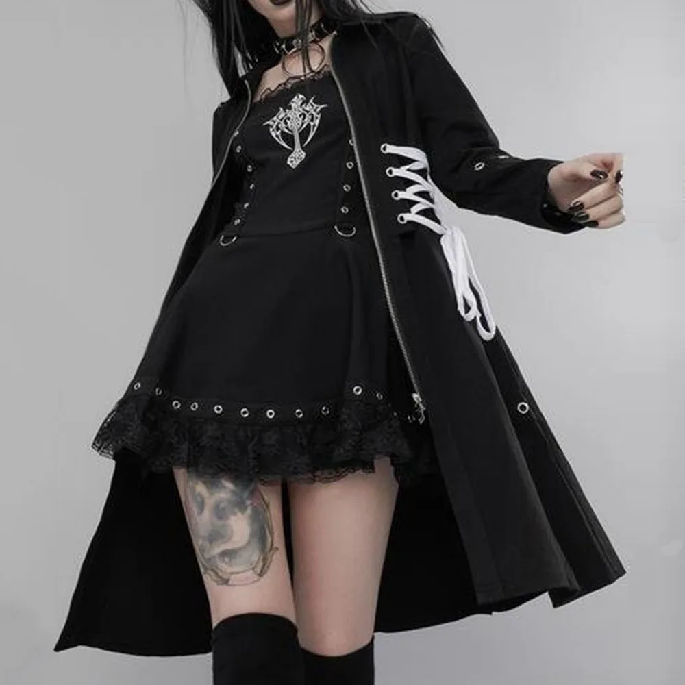 

Gothic Women Slim Bandage Trench Coat Black Fashion Zipper Lace-Up Hole Vintage Rock Goth Coats Harajuku Streetwear Hip Hop Cool