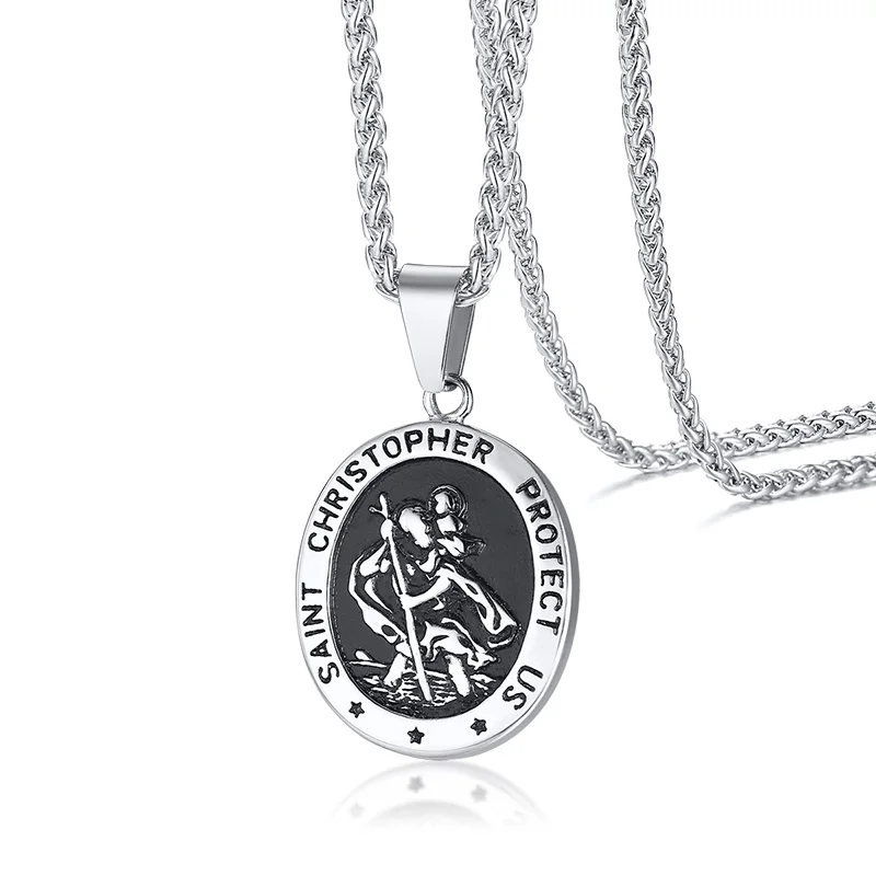 

Mens Saint Christopher Necklace St Protect US Medal Religious Medallion Pendant Stainless Steel 24inch Chains