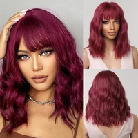 wine red short wavy synthetic wigs with bangs bob wave wigs shoulder length for black women cosplay costume heat resistant wig