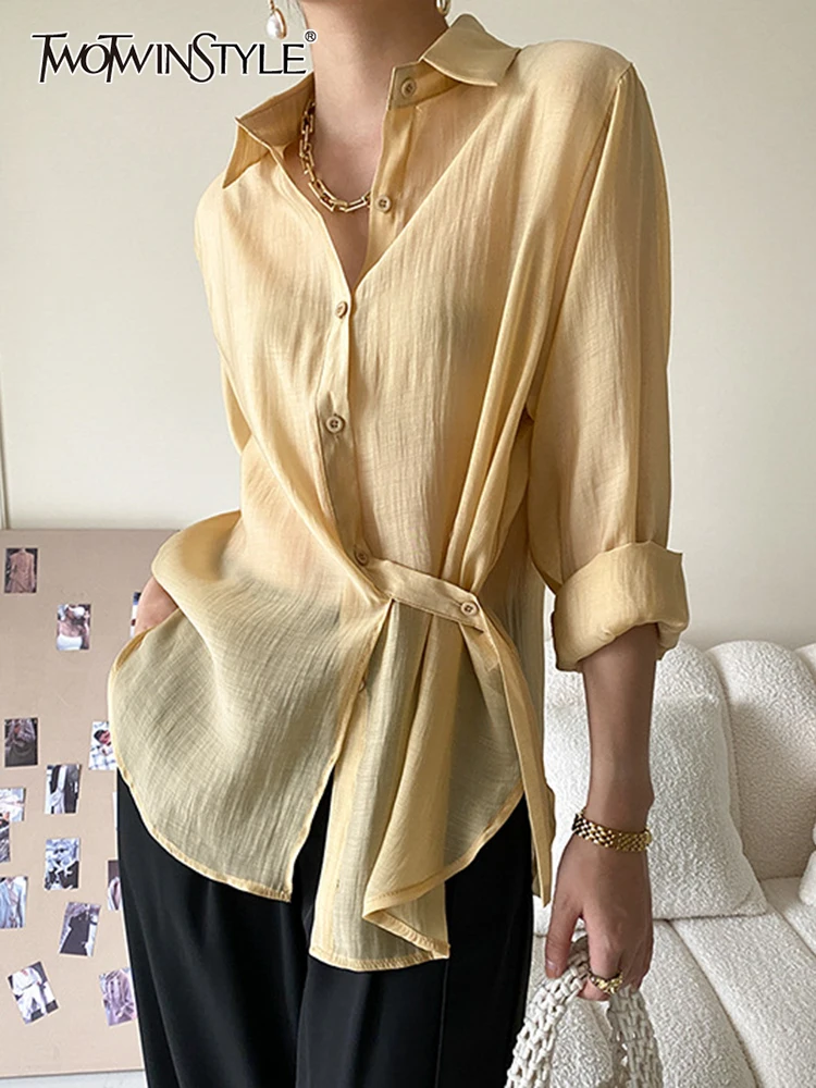 

TWOTWINSTYLE Casual Solid Shirt For Women Lapel Collar Long Sleeve Button Through Loose Straight Shirts Female Clothing Fashion