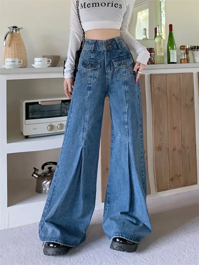 

Women Jeans with Pleated Flare Pant Slight Bootcut Bell Bottom Denim Pants y2k high waist plus size wide leg blue jean clothing