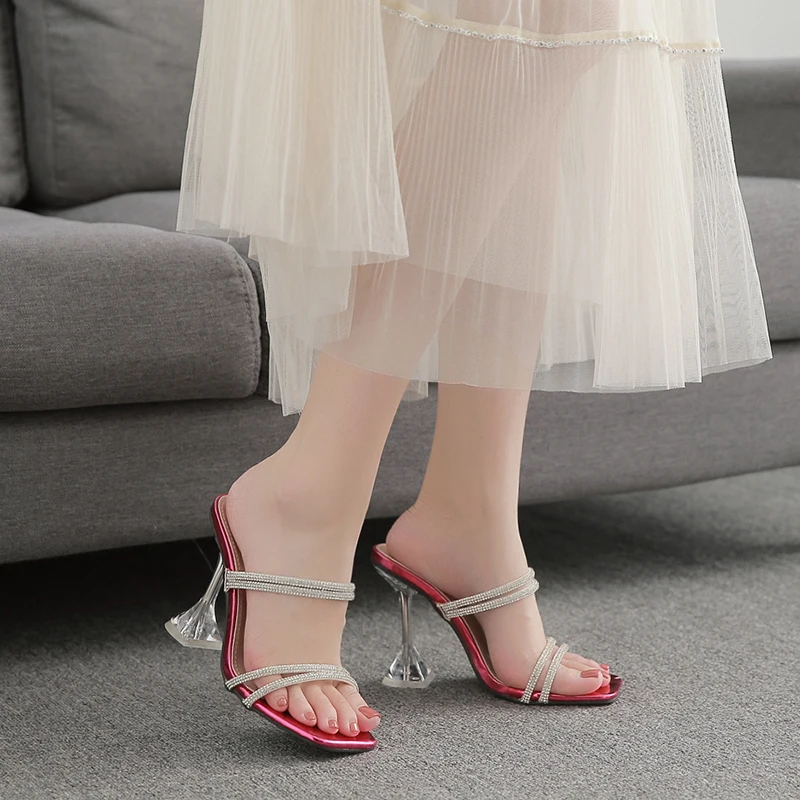 Crystal Heel Clear PVC Women's Slippers Sandals Square Transparent Toe Open Toe Slides Slip On Summer Fashion Party Shoes Pumps