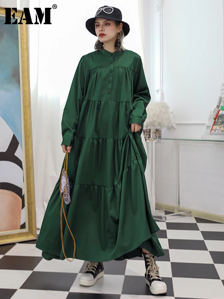 

[EAM] Women Green Pleated Big Size Long Shirt Dress New Lapel Long Sleeve Loose Fit Fashion Tide Spring Autumn 2022 1DE6446