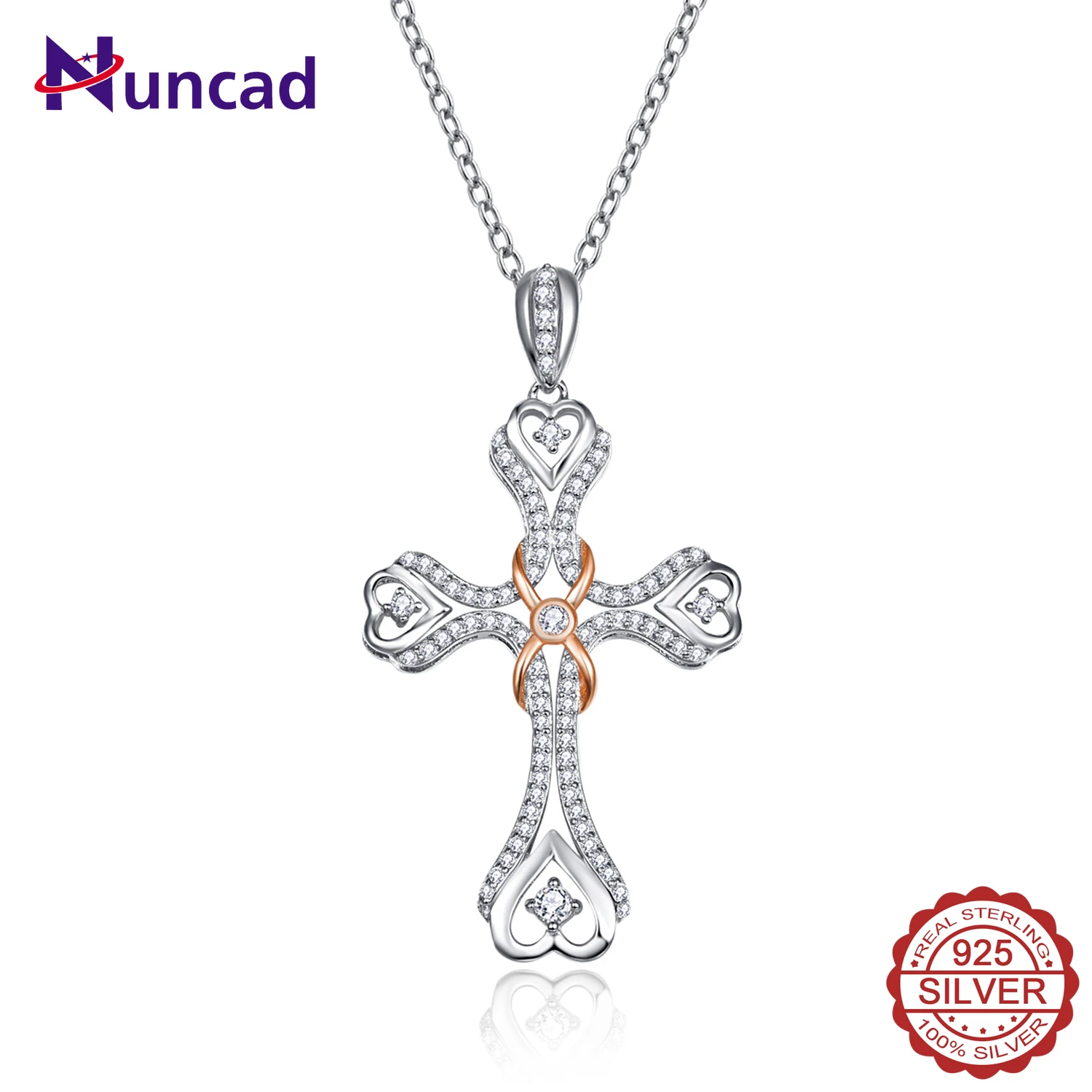 

NUNCAD 925 Sterling Silver Women Necklace Heart-shaped Cross Pendant Platinum Flashing Chain Necklace for Women Wedding Jewelry