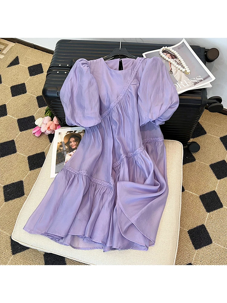 

Женские летние фиолетовые платья с коротким рукавом-пузырьком и круглым вырезом, элегантные весенние повседневные свободные мини-платья, ж...