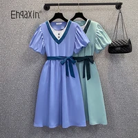 ehqaxin summer womens dress 2022 casual puff sleeves new french contrast color stitching lace up long dresses for female m 4xl