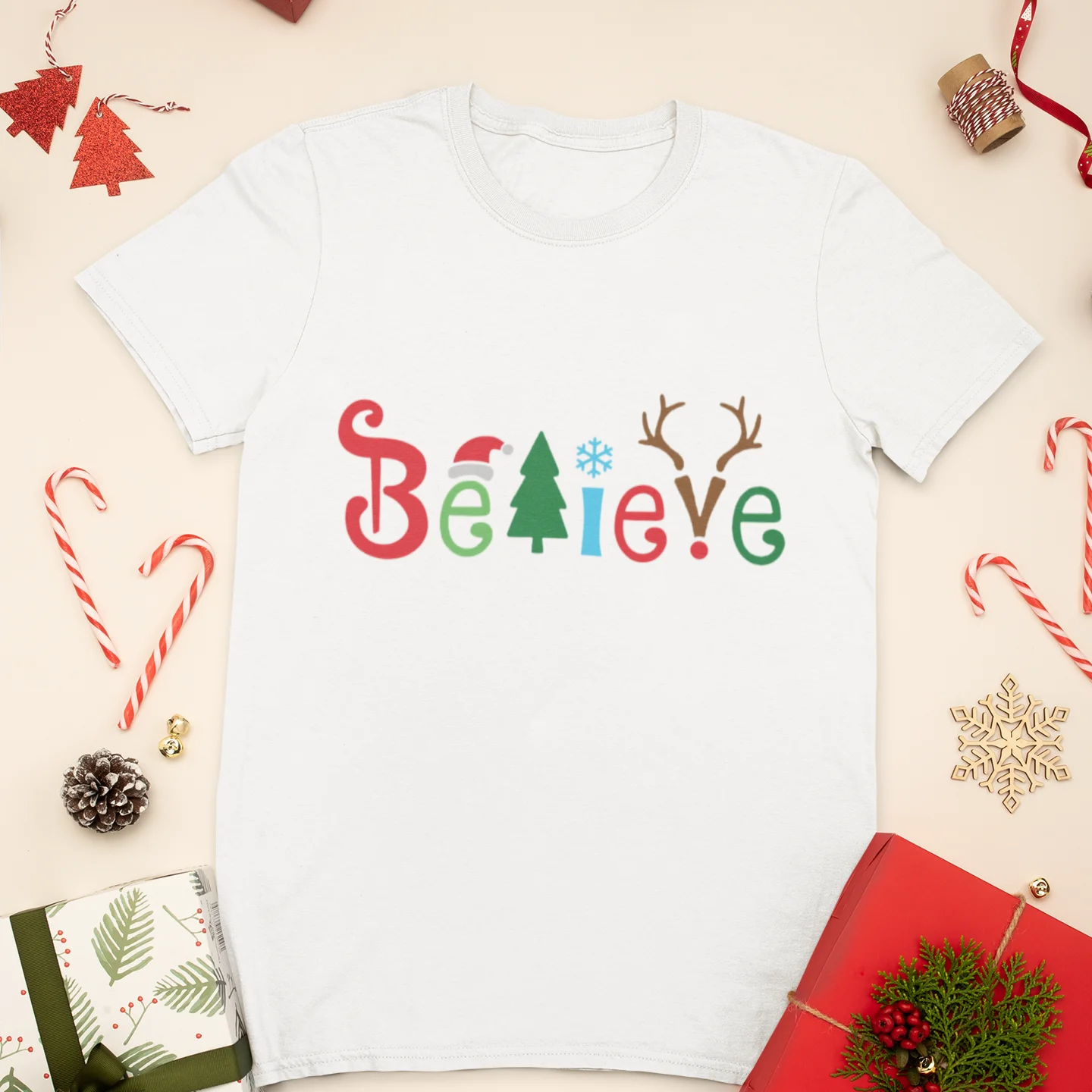 

Creative Christmas Women's T-shirt Believe Text Printing Lady Short-sleeved Top White Fashion Casual Comfortable Round Neck Wild