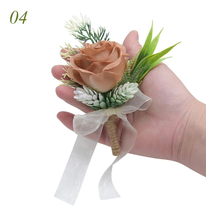 Rose Corsage for Wedding Mesh Ribbon Bowknot Gold Beads Artificial Flower Bridal Bridesmaid Brooches Clothes Party Supplies images - 6