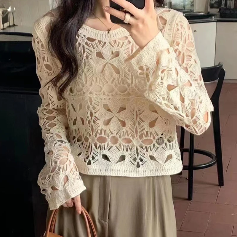 

2023 Hollow Out Lace Women Blouse Elegant Long Sleeve Sweet Tops Casual Loose Knit See Through Shirt Ladies O Neck Blusas 28253