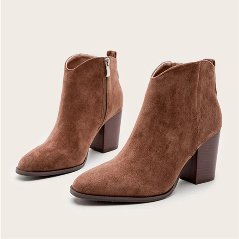 

Осень 2022, женские ботинки из искусственной замши с острым носком, на высоком каблуке, с боковой молнией, с высоким верхом, на толстом каблуке, короткие, в западном стиле