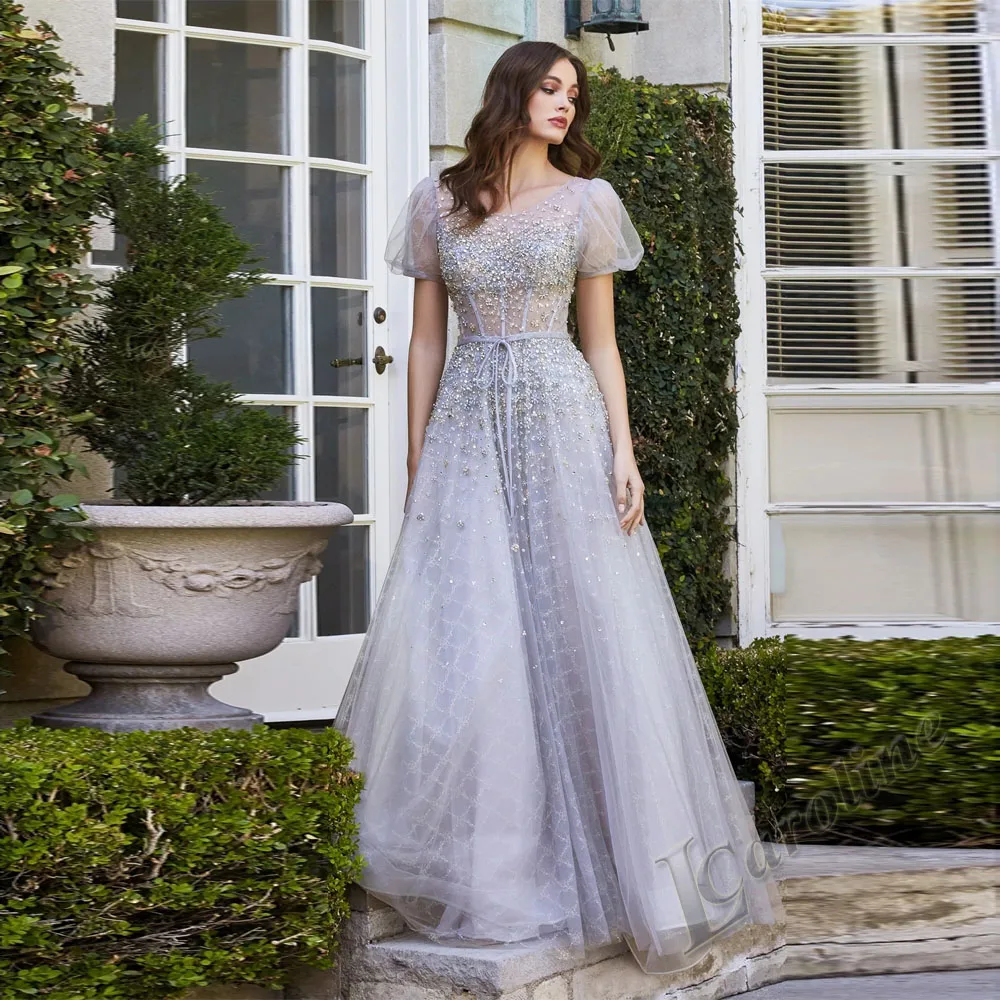 

Caroline Sparkly Sequin Evening Dress Scoop Puff Sleeves Illusion A-line With Belt Backless Formal Prom Gowns Party Custom Made