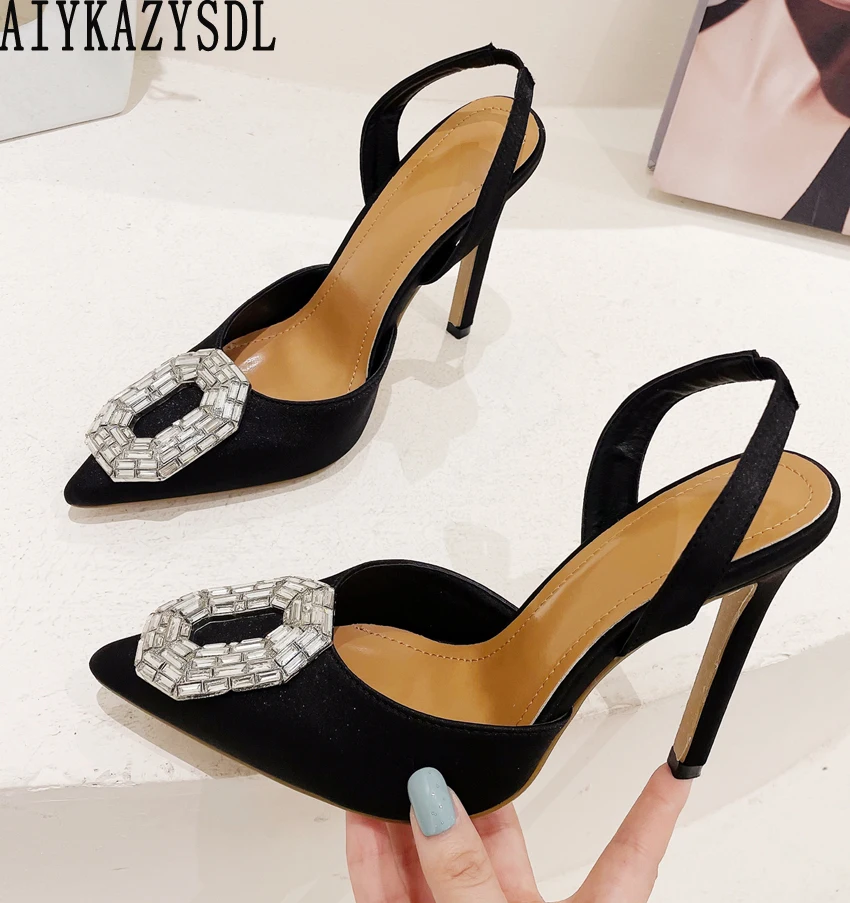 

AIYKAZYSDL Crystal Rhinestone Slingback Sandals White Shoes Women D'orsay Sandals Pumps High Heel Fashion Dress Shoes Plus Size