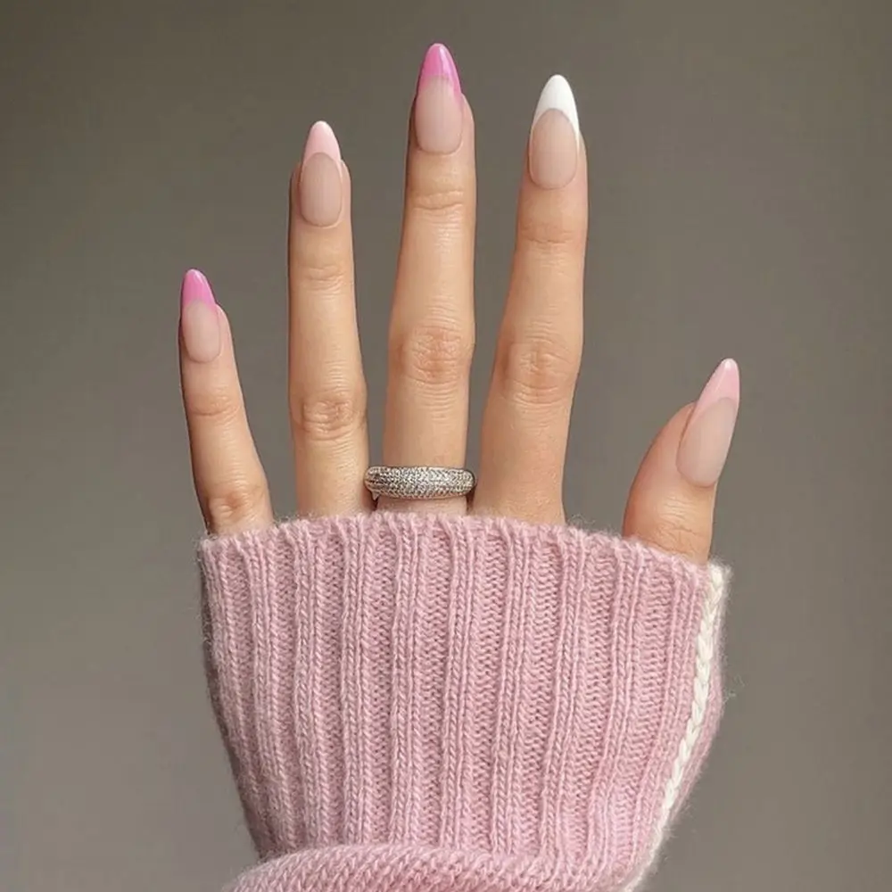 24 шт./корт. Накладные ногти с французским розовым миндалем со съемным клеем