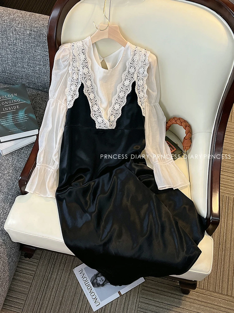 

Женское шифоновое платье-трапеция, элегантное винтажное Повседневное платье Вечерние кружевной отделкой, V-образным вырезом и длинным рукавом, осень 2022