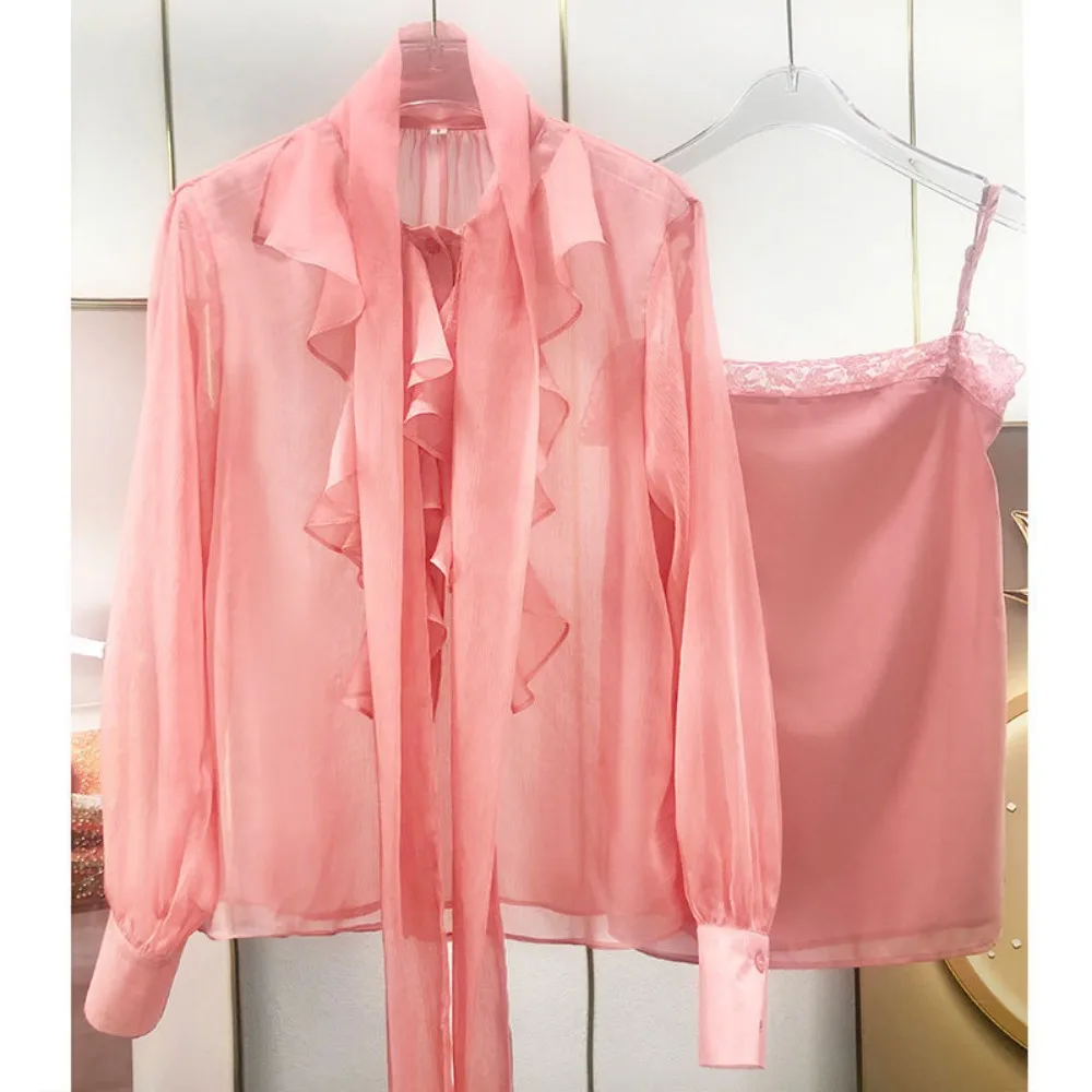 Spring Summer Sweet Women's High Quality Chiffion Ruffles Pink Shirts B994